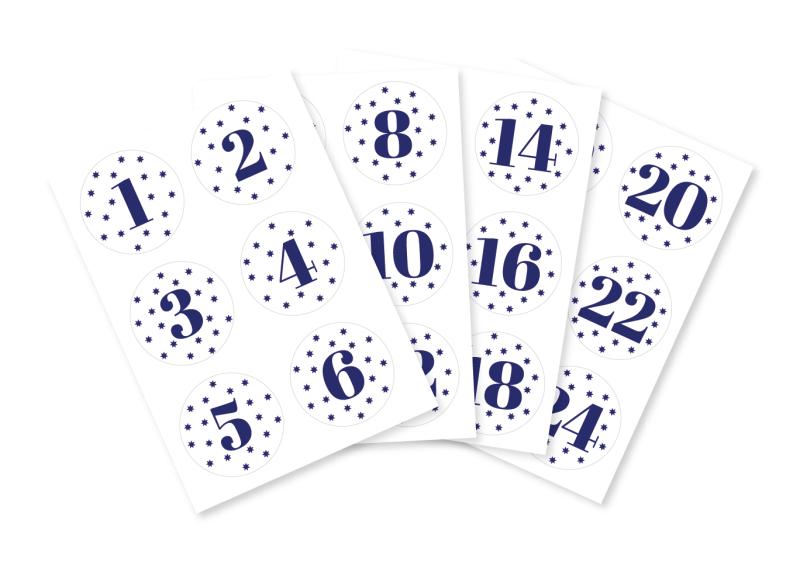 Stickers - 24 advent stickers, numbers with stars, blue, 40 mm