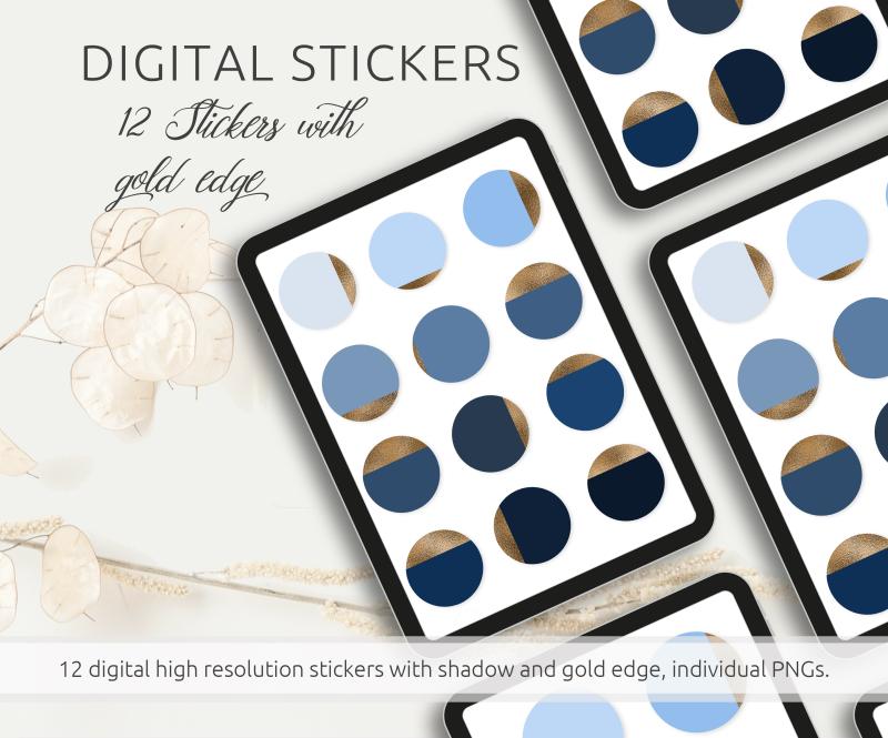 Digital Stickers Pack, 12 Stickers in shades of blue with gold edge, individuel PNGs, compatible with GoodNotes and other apps, printable