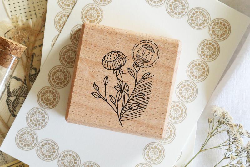 Rubber stamp - Flower with faux postal stamp