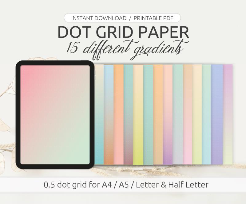 Digital paper pack - Dot grid paper, 15 different gradients, for A4, A5, letter and half letter