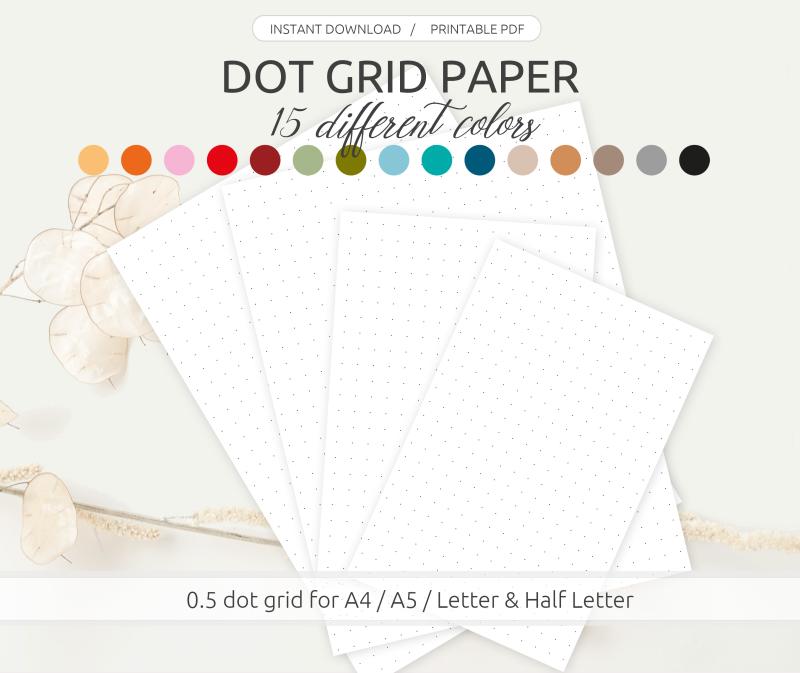 Digital paper pack - Dot grid paper, 15 different colors, for A4, A5, letter and half letter