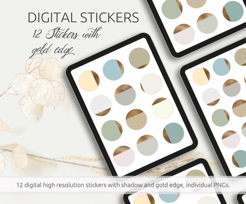 Digital Stickers Pack, 12 Stickers with gold edge and shadow, individuel PNGs, compatible with GoodNotes and other apps, printable