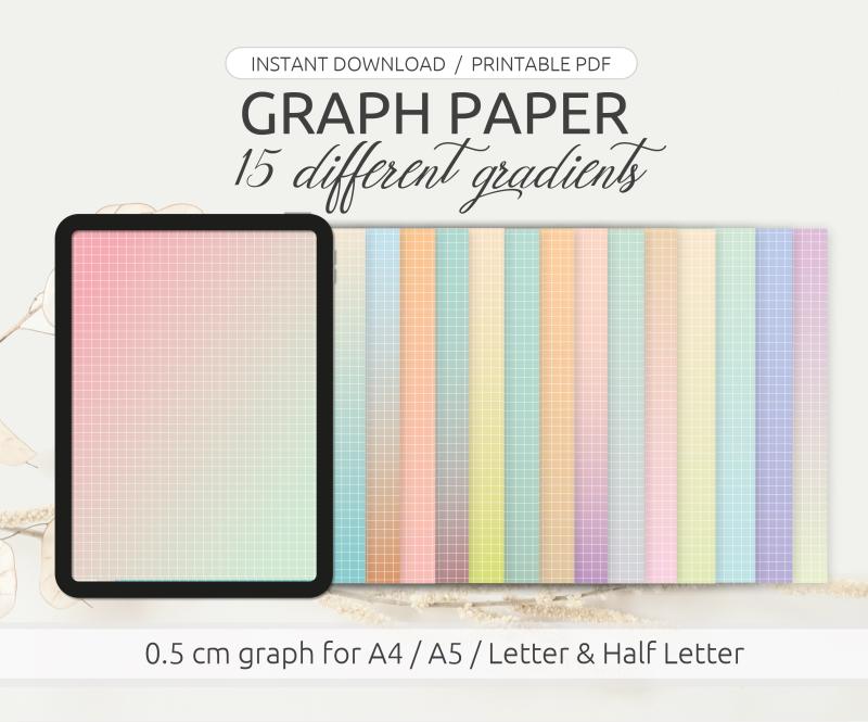 Digital paper pack - Graph paper in 15 different gradients, for A4, A5, letter and half letter