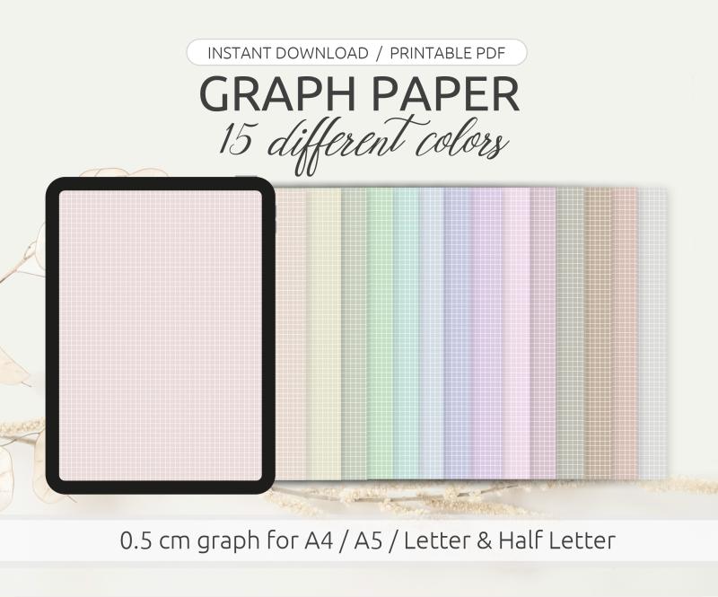 Digital paper pack - Graph paper in 15 different pastel colors, for A4, A5, letter and half letter