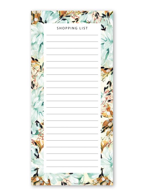 notepad with shopping lists, grocceries list for every day. with a floral blue pattern with blue peonies