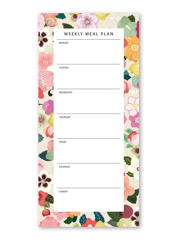 weekly meal planner notepad with the pattern folklore flowers red