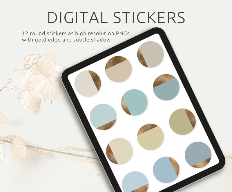 Digitales Sticker Set - 12 Sticker in kühlen Tönen mit Goldkante, PNG Dateien, kompatibel mit GoodNotes und Co., Printable