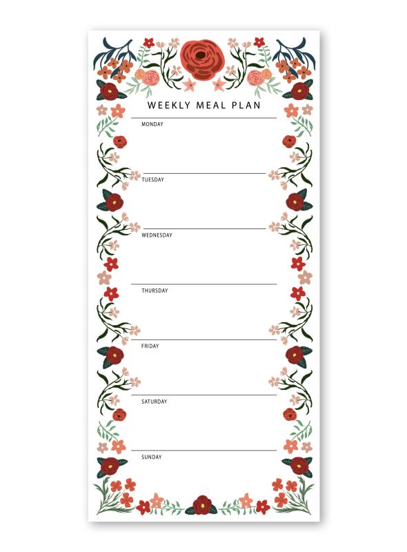 weekly meal planner notepad with the pattern folklore flowers red
