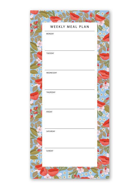 weekly meal planner notepad with the pattern poppy love in red blue