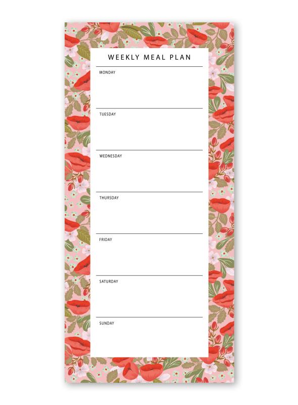 weekly meal planner notepad with the pattern poppy love in red pink