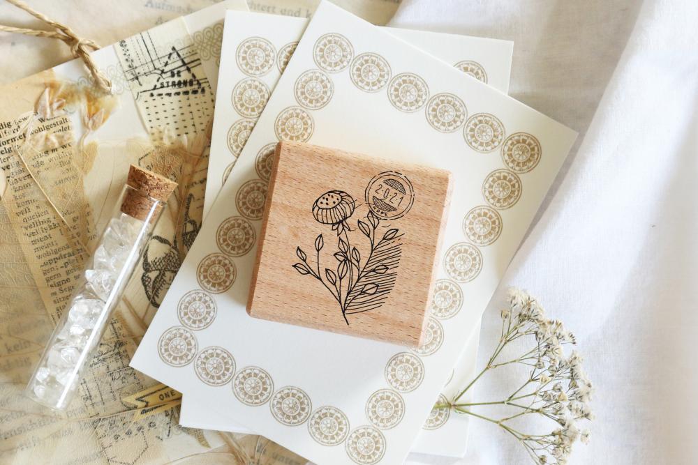 Rubber stamp - Flower with faux postal stamp