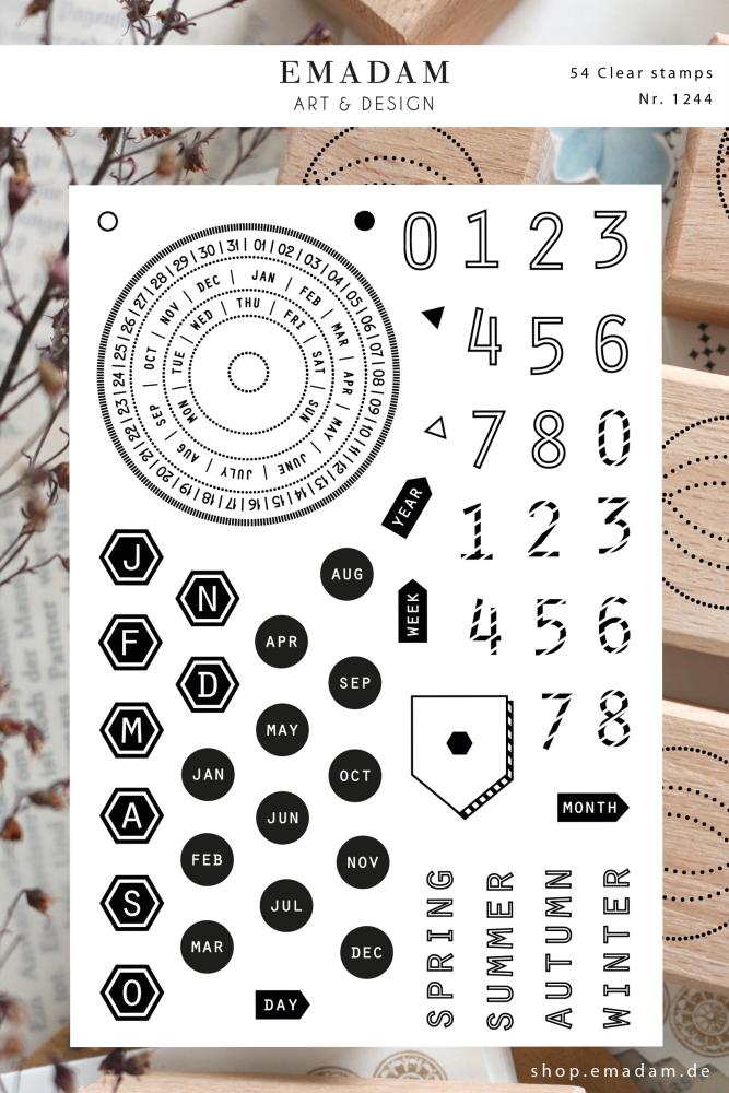 clear stamp set perpetual calendar circle for journal and planner. a complete set to use in journaling with numbers, striped numbers, numbers outlines, months and a calendar and habit tracker for every day and every month