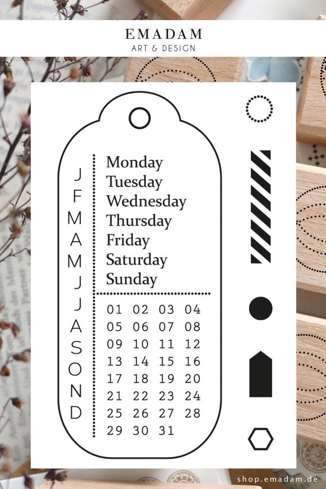 clear stamp set perpetual calendar in form of a tag for every day and every month. for planner, journals and invitations with cute icons to mark the date