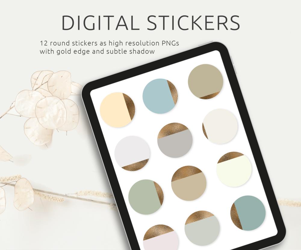 Digital Stickers Pack, 12 Stickers with gold edge and shadow, individuel PNGs, compatible with GoodNotes and other apps, printable