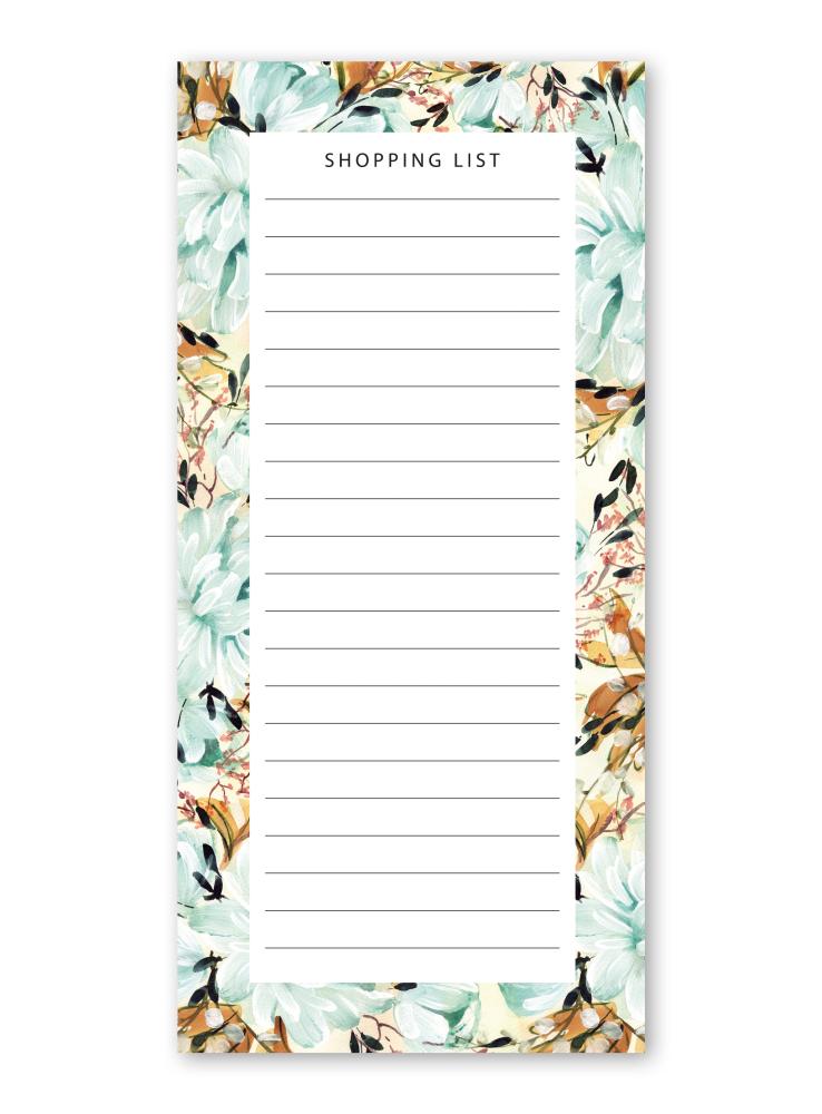notizblock shoppingliste, einkaufsliste, lebensmittelliste mit blumenmuster, floralem muster in blautönen