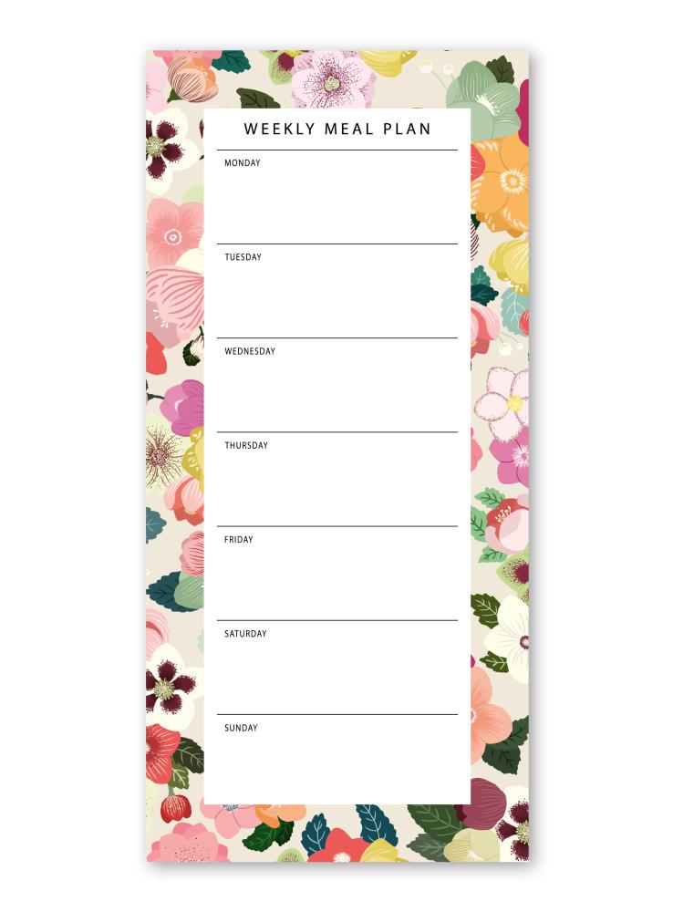 weekly meal planner notepad with the pattern folklore flowers red