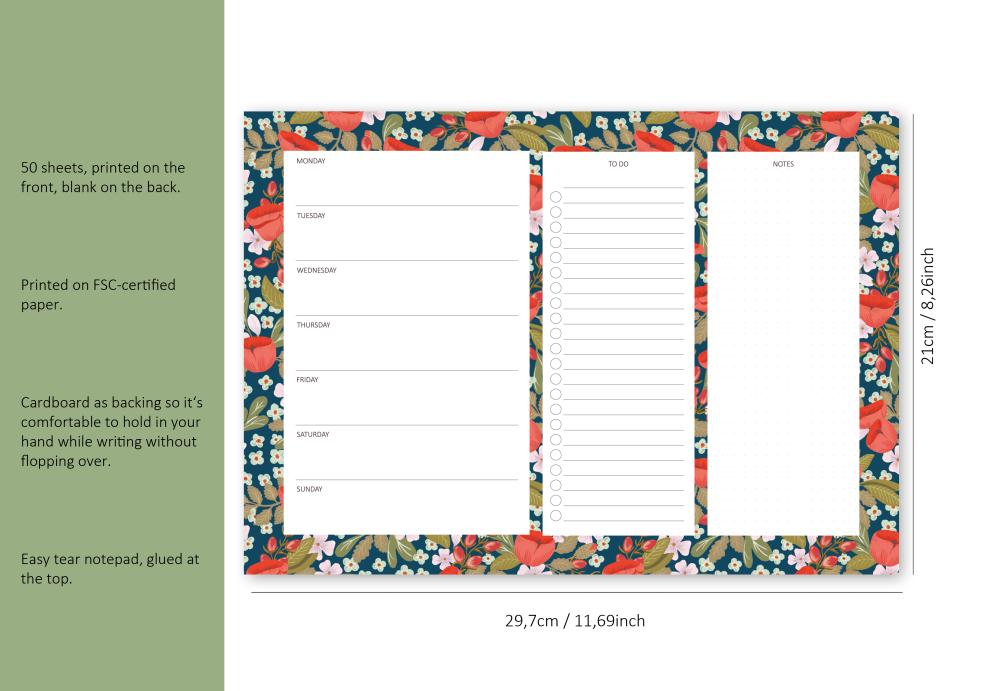 Notizblock - Wochenplaner mit To Do Liste, A4 Poppy Love Red