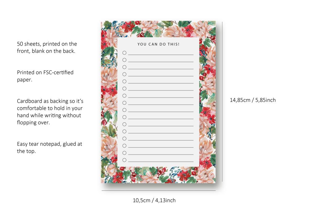 Notepad A6 Checklist, To do List, Summer floral