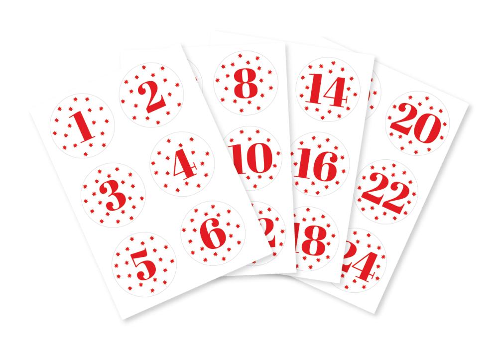 Stickers - 24 advent stickers, numbers with stars, red, 40 mm