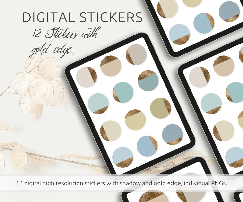Digital Stickers Pack, 12 Stickers in cool colours with gold edge, individuel PNGs, compatible with GoodNotes and other apps, printable