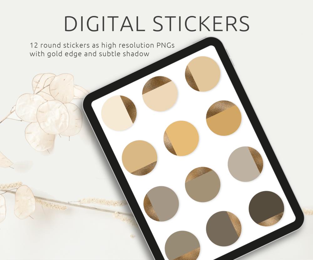 Digital Stickers Pack, 12 Stickers in earthy colours with gold edge, individuel PNGs, compatible with GoodNotes and other apps, printable