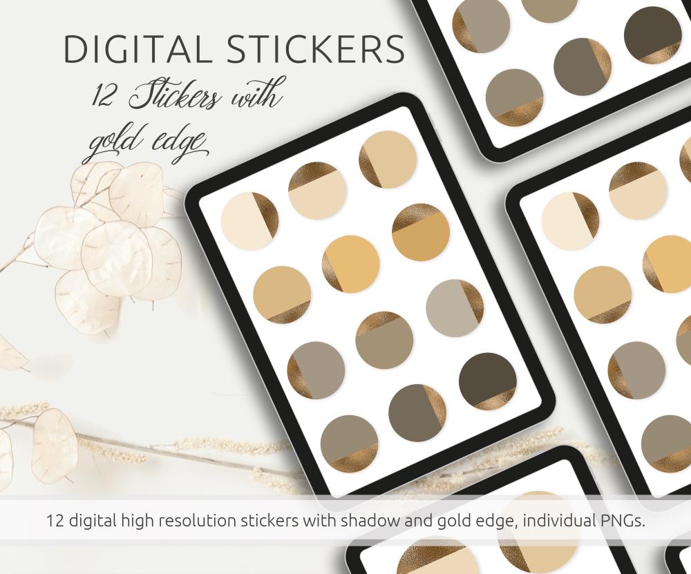 Digital Stickers Pack, 12 Stickers in earthy colours with gold edge, individuel PNGs, compatible with GoodNotes and other apps, printable