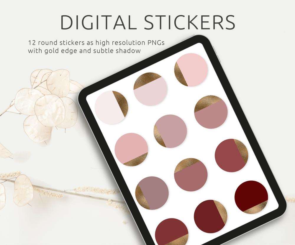 Digital Stickers Pack, 12 Stickers in shades of red with gold edge, individuel PNGs, compatible with GoodNotes and other apps, printable