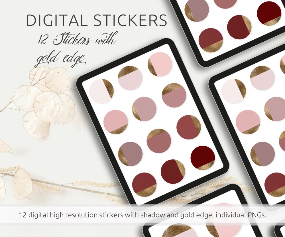 Digitales Sticker Set - 12 Sticker in Rottönen mit Goldkante, PNG Dateien, kompatibel mit GoodNotes und Co., Printable