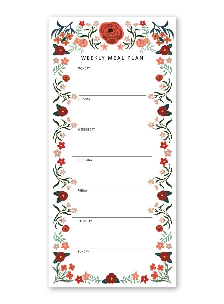 weekly meal planner notepad with the pattern folklore flowers red