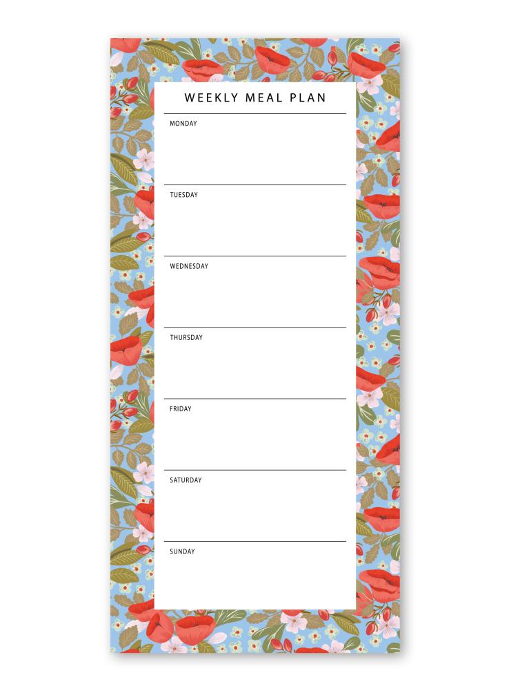 weekly meal planner notepad with the pattern poppy love in red blue