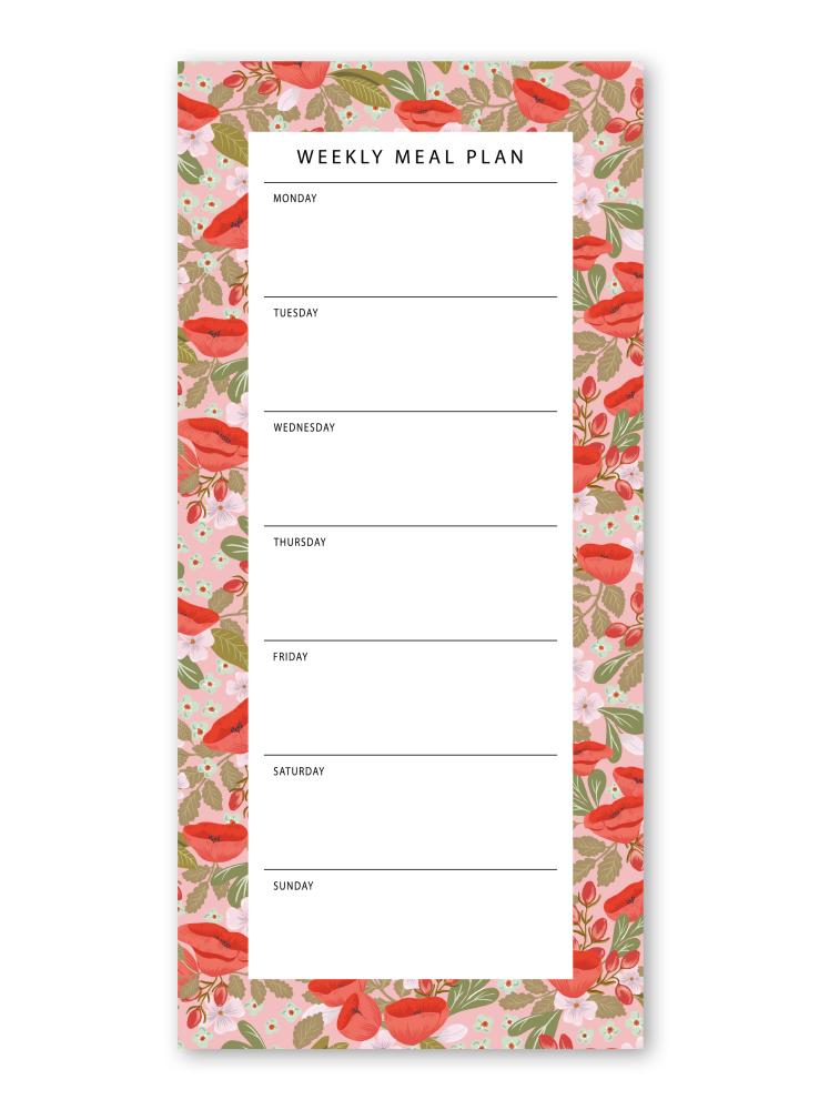 weekly meal planner notepad with the pattern poppy love in red pink